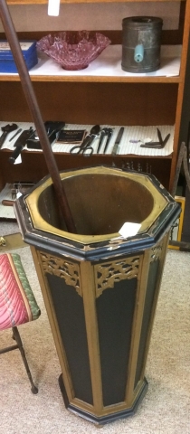 antique octagonal black and gold wooden umbrella stand with liner