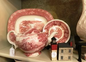 Red transfer ware platter, plate, and teapot